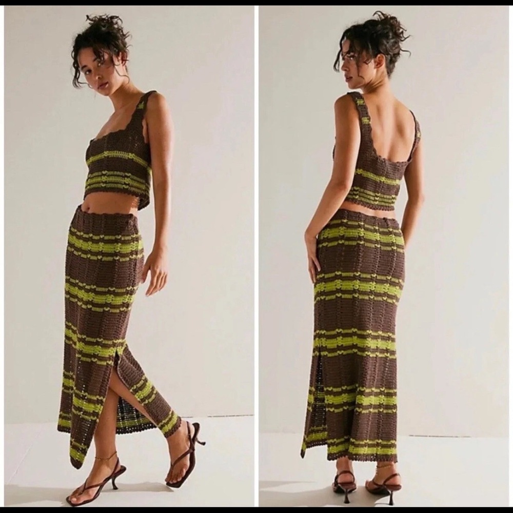 Free People Green and Yellow Asymmetrical Wrap Maxi Skirt - Donni Sweater Set